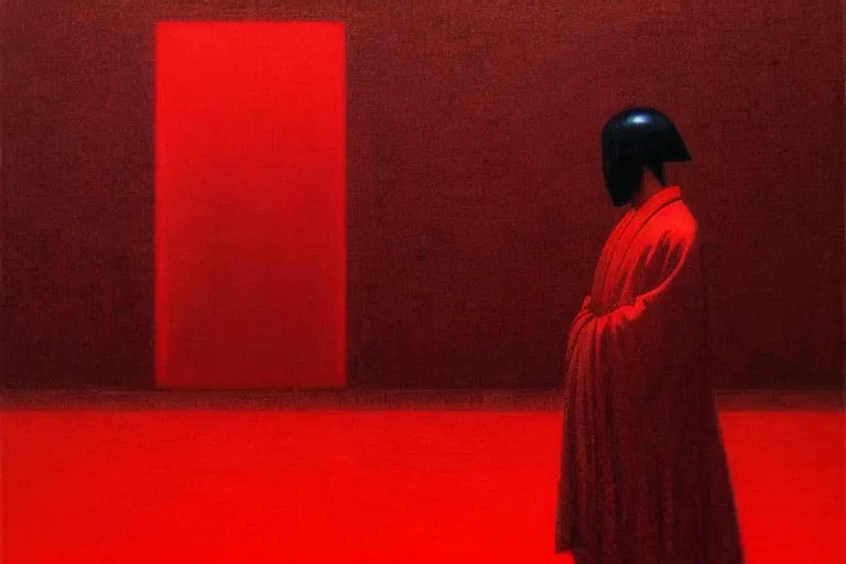 Image similar to only with red, a red samurai, tokio in background, some evil yokai, in the style of beksinski, parts by edward hopper, parts by rodcenko, parts by yue minjun, intricate and epic composition, red by caravaggio, insanely quality, highly detailed, masterpiece, red light, artstation, 4 k