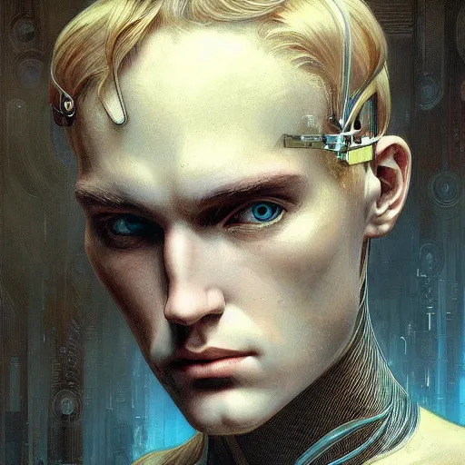 Prompt: portrait of a beautiful blond male android, coy, circuitry visible in head, in the style of ex machina, karol bak, alphonse mucha, greg rutkowski, award winning, hr giger, artstation