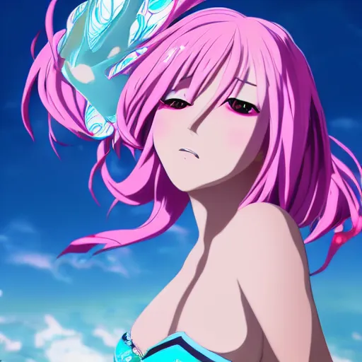 Image similar to stunningly beautiful gigantic omnipotent anime goddess with pink hair and mesmerizing cyan eyes, viewed from below, 8 k