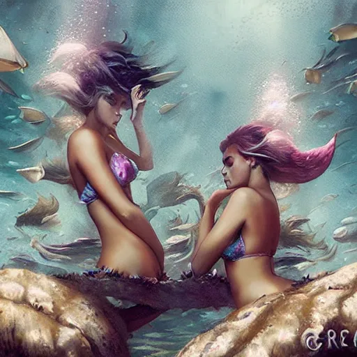 Prompt: underwater mermaids wearing seashell bras beckoning sailors by greg rutkowski and artgerm
