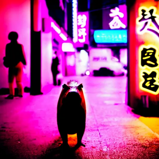 Prompt: capybara drinking bubble tea in cyberpunk, neon, pink and cyan seoul, detailed, street photography