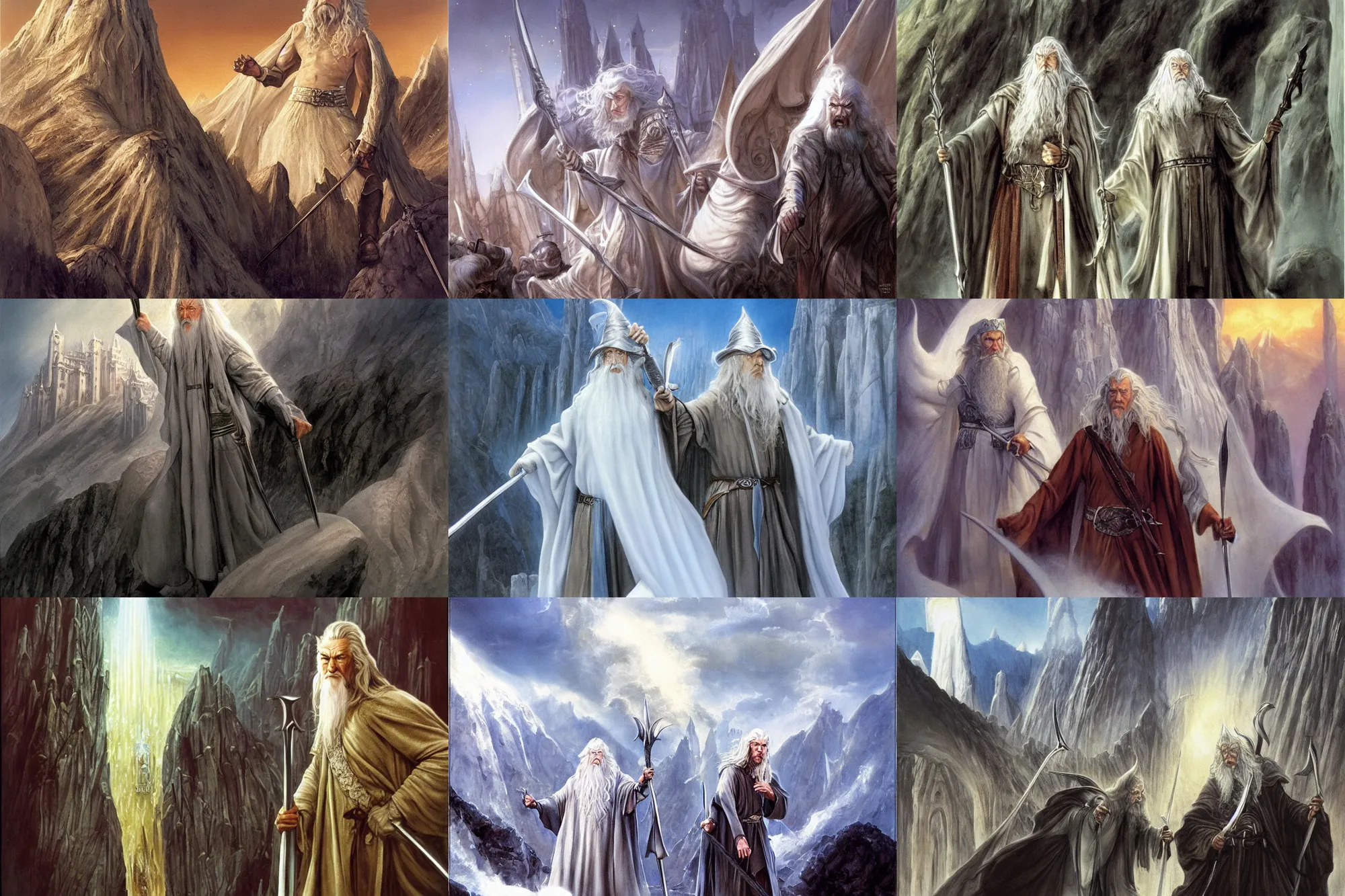 Prompt: Gandalf the white Comes to the Guarded City of Minas Tirith, style by john Howe, boris vallejo