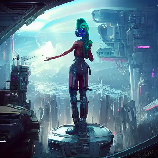 Prompt: “ a girl looking down on a futuristic city, ghostpunk, very detailed, trending on artstation ”