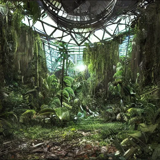 Image similar to abandoned, overgrown, space station jungle room with trees.