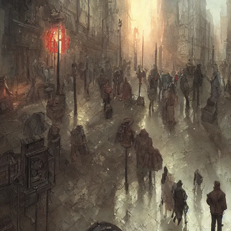 Image similar to some people waiting in a lone bus stop in qiet dark city, by marc simonetti