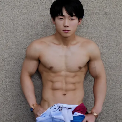 Image similar to a blond korean 2 0 year old man with large muscles and abs