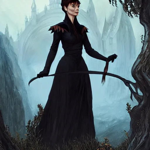 Prompt: audrey hepburn as a witch in an epic fantasy novel, various backgrounds, intricate, elegant, highly detailed, digital painting, artstation, matte, illustration, art by artgerm, greg rutkowski