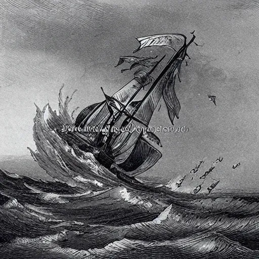 Prompt: large ship being tossed about in a fierce storm in the sea, dark, low light, terrifying, beautiful, john tenniel illustration