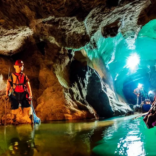 Image similar to photo of spelunkers in caving gear exploring a beautiful majestic cave full of geodes, crystals, and gemstones. there is a natural river of turquoise water. professional journalistic photography from national geographic.