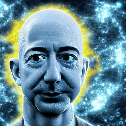 Prompt: Jeff Bezos as a terrifying cosmic horror with a thousand tentacles coming from his eyes and cracks in his head with a cosmic background. Epic digital art, extremely detailed, terrifying