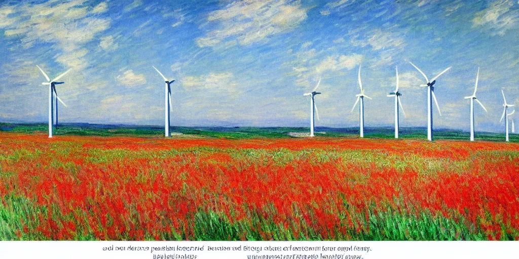 Image similar to beautiful fields of wind farms painted by monet, very pretty!!