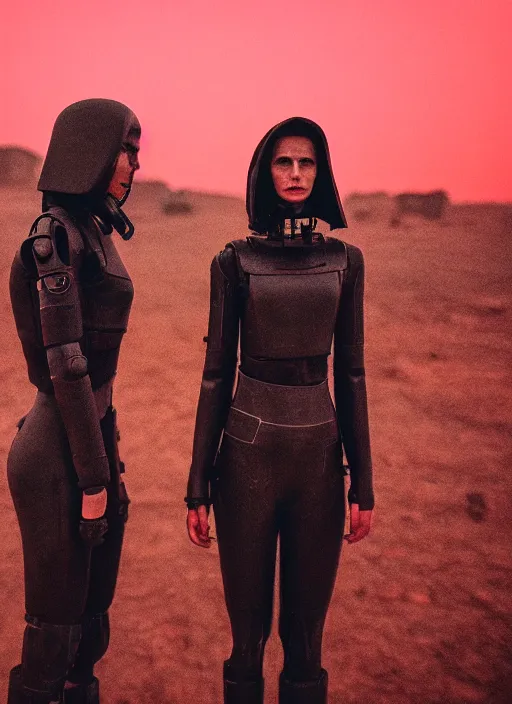 Image similar to cinestill 5 0 d f / 3 2 3 5 mm photographic portrait of two loving female androids wearing rugged black techwear on a desolate plain with a brutalist monument and a red sky, extreme closeup, cyberpunk style, dust storm, 8 k, hd, high resolution, ultra realistic faces, ex machina