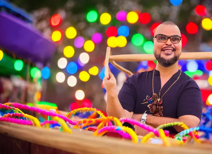 Prompt: photo still of sinbad at the county fair!!!!!!!! at age 3 6 years old 3 6 years of age!!!!!!!! playing ring toss, 8 k, 8 5 mm f 1. 8, studio lighting, rim light, right side key light