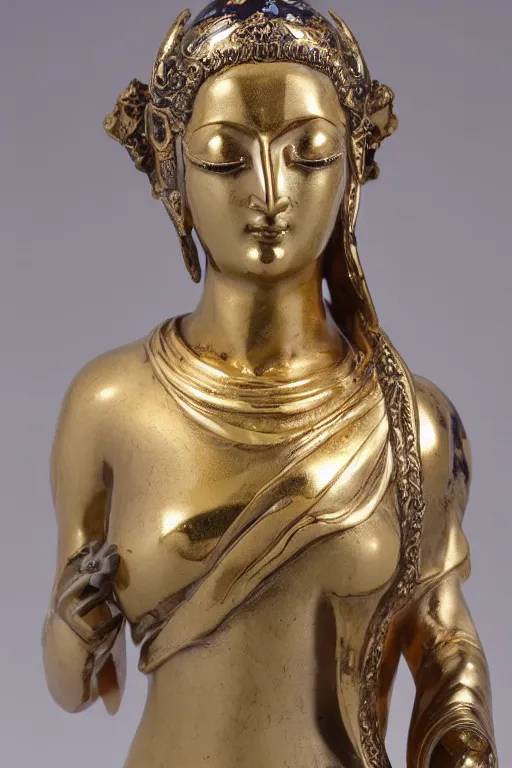 Image similar to mnemosine goddess statue sculpted in polished chinese porcelain with gold foils covering his head, made by antonio corradini, ultrarealistic, detailed, 8 k