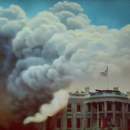 Image similar to politics, destroyed presidential white house, landscape, dystopian, war, real, bright blue smoke, red clouds, detailed, award winning, masterpiece