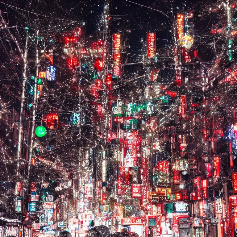 Image similar to photo of tokyo with many lights and lens flares, snowy winter christmas night