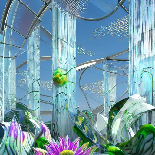 Prompt: ultra realistic cg rendering of a utopian futuristic city of flowers and stained glass. multi layered. key art. parametric design. organic. award winning. white chrome turquoise marble, summer sky, mirror, by hirofumi maruko and godwin akpan and yuliya zabelina and syd mead. photorealism. highly detailed, sharp focused details