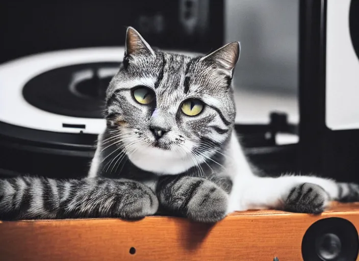 Image similar to photography of a Cat sitting on a record player. in a room full of posters, photorealistic, raining award winning photo, 100mm, sharp, high res