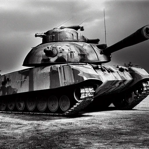 Prompt: secret world war 2 photo of a highly futuristic shiny tank, secret weapon, black and white, war photography, large format —w 1280 —h 720