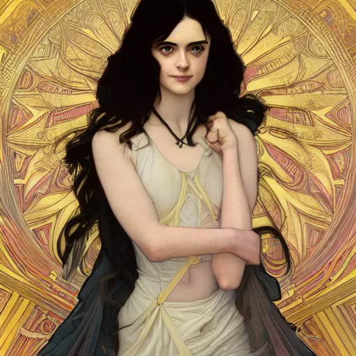 Image similar to portrait of a combination of Alexandra Daddario, Maisie Williams, Krysten Ritter, Anne Hathaway and Natalia Dwyer Christina Ricci and Lily Collins by Alphonse Mucha, trending on artstation