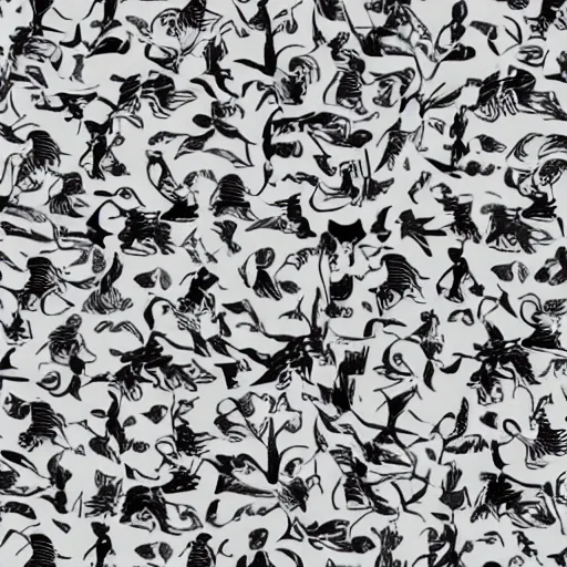 Prompt: a graphical pattern of white wolves into black geese by mc escher, aerial view, scared black geese, angry white wolves, hexagonal pattern, intricate details, screen print, frameless