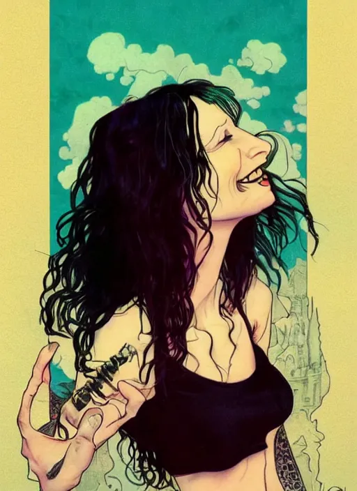 Prompt: death of sandman by neil gaiman, cute gothette, black crop top, smiling, happy, photorealistic, sunset clouds, glamour pose, detailed illustration, digital art, trending on artstation, soft ambient lighting, volumetric lighting, rim lighting, yoshitaka amano, alphonse mucha, arney freytag, maxfield parrish, new art nouveau