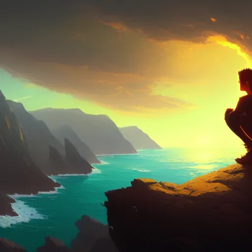 Prompt: a man sitting on a cliff watching the sun explode, painting, digital art, harsh lighting, 4 k hd wallpaper, trending on art station, art by greg rutkowski and andreas rocha, 8 k