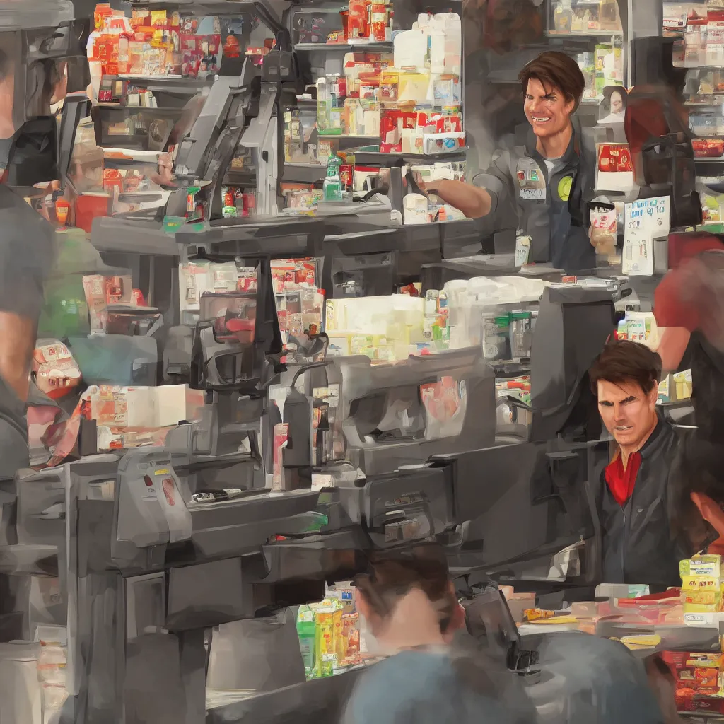 Image similar to Tom Cruise working as a 7/11 cashier, artstation, accurate, 8k, HD