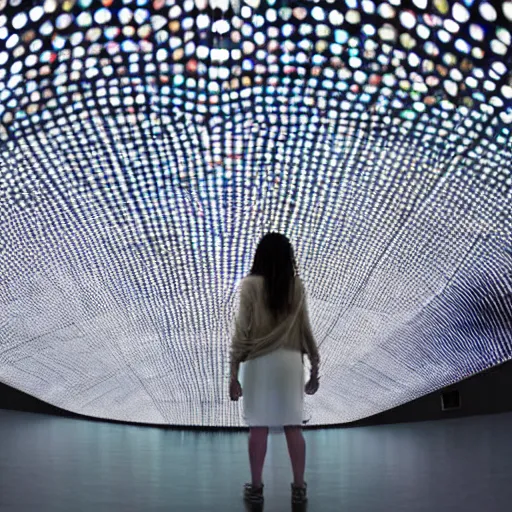 Image similar to a woman standing in front of a light sculpture, a hologram by bruce munro, featured on tumblr, interactive art, hall of mirrors, tesseract, futuristic