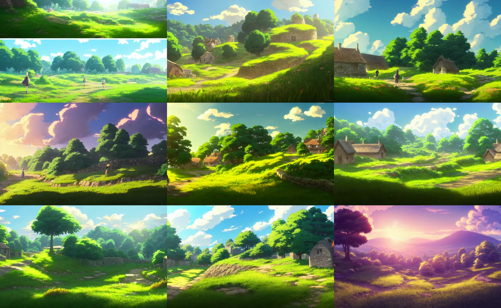 Prompt: an anime movie background matte painting of a meadow in the countryside, rolling hills, cottages, fields, cobblestone road, old stone wall, by Makoto Shinkai, trending on Artstation, highly detailed