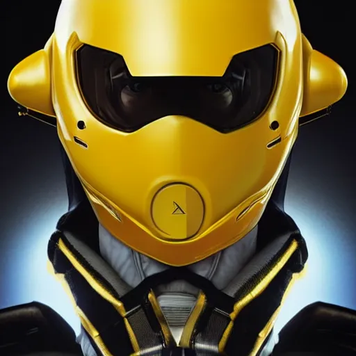 Image similar to symmetry!! portrait, head only, yellow ranger, thunderbolt - helmet!!, artstation, art by murata, art by oda echiiro, art by tatsuki fujimoto, lightning helmet, 3 d, jumpsuit, gloves, futuristic poster,