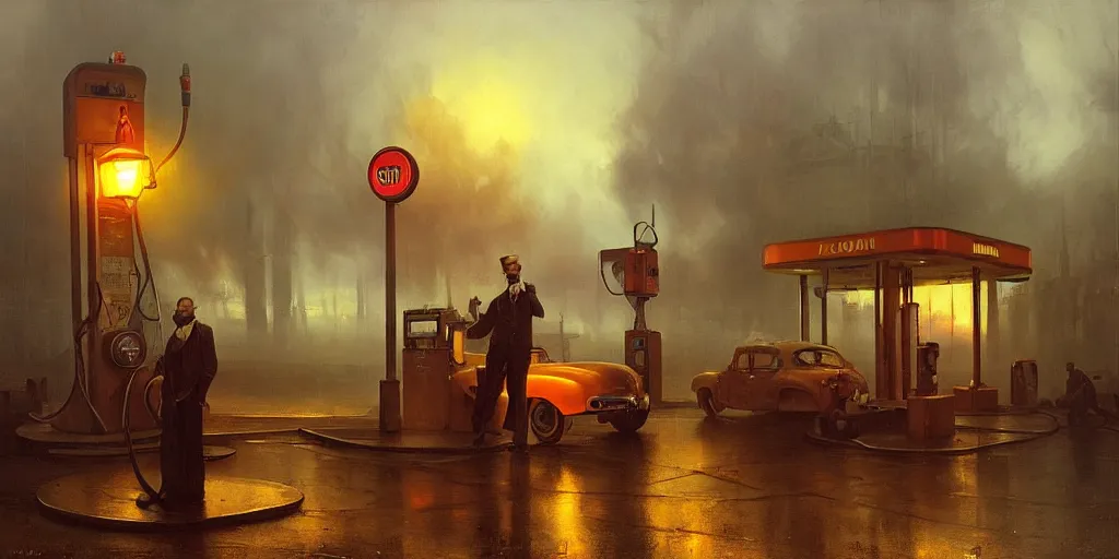 Image similar to a gas station in 1 9 4 0 with yellow and red light in the middle of the night, a men stand up next to the pump, mystical blue fog, oil on canvas, art by andreas achenbach, clemens ascher, tom bagshaw and sabbas apterus,