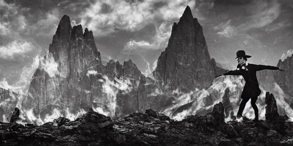 Image similar to 1920s photography Tschäggättä dancing, dolomites in the background, occult signs, witch burning, pyre, solstice fire, alp, dolomites, alpine, detailed intricate insanely detailed octane render, 8k artistic 1920s photography, photorealistic, black and white, chiaroscuro, hd, by David Cronenberg, Raphael, Caravaggio