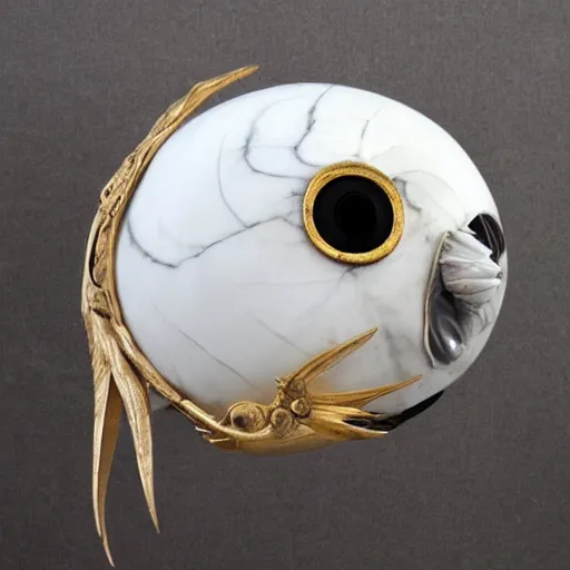 Prompt: eyeball with wings and fangs, white marble with gold accents, by ellen jewett