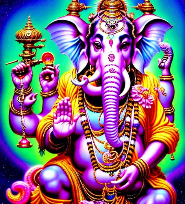 Image similar to lisa frank pattern fantasy character portrait of ganesha, ultra realistic, wide angle, intricate details, blade runner artifacts, highly detailed by peter mohrbacher, wayne barlowe, boris vallejo, hajime sorayama aaron horkey, gaston bussiere, craig mullins