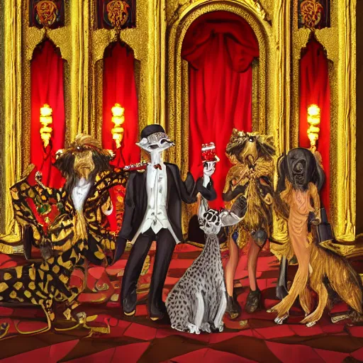 Prompt: anthro animals partying at a fancy ball, ornate architecture, fancy clothing, gold and red colours, painterly style, detailed, beautiful lighting