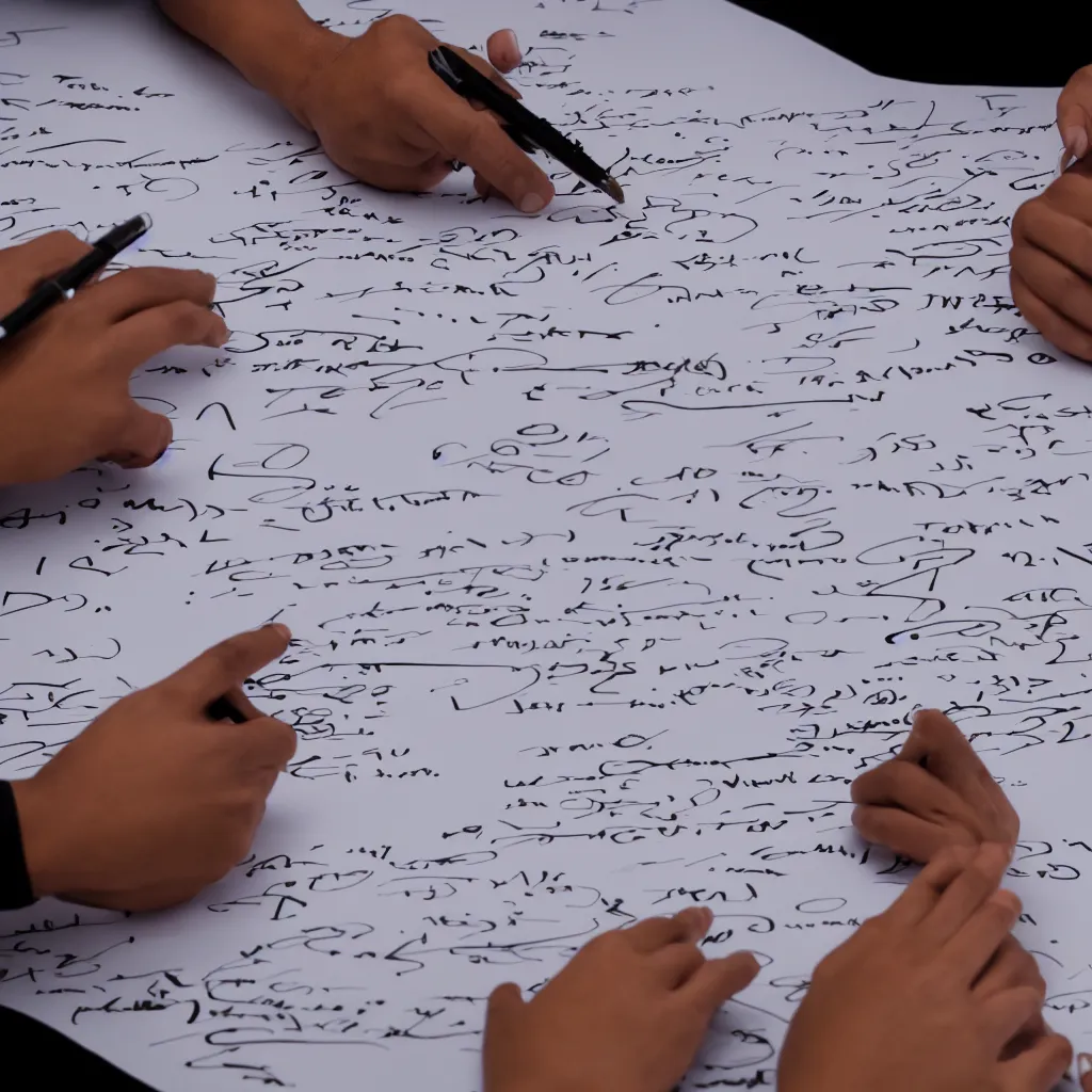 Prompt: Dozens of multiracial hands writing on a sheet of paper in a foggy office, close-up, corporate portrait, sigma 85mm, f 1/4