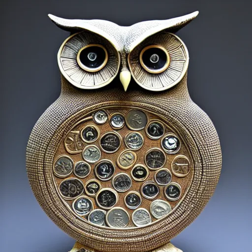 Prompt: symmetrical detailed sculpture of an owl, made of Coins