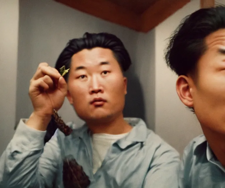 Image similar to hyperralism pineapple express movie still photography of real detailed north korean kim chen with detailed face smoking detailed weed in basement bedroom photography by araki nobuyoshi