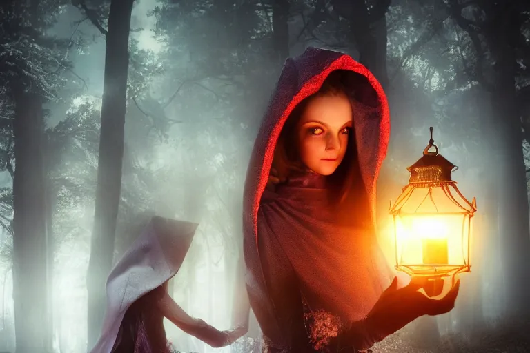 Prompt: fantasy woman elf walks in night forest, holding lantern in hands. girl is hunted by dark fairy demon, ghost of death, black skeleton in cloak hood, front view