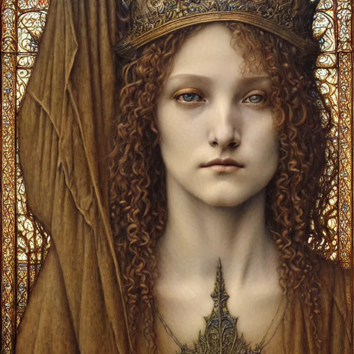 Image similar to detailed realistic beautiful young medieval queen face portrait by jean delville, gustave dore and marco mazzoni, art nouveau, symbolist, visionary, gothic, pre - raphaelite. horizontal symmetry