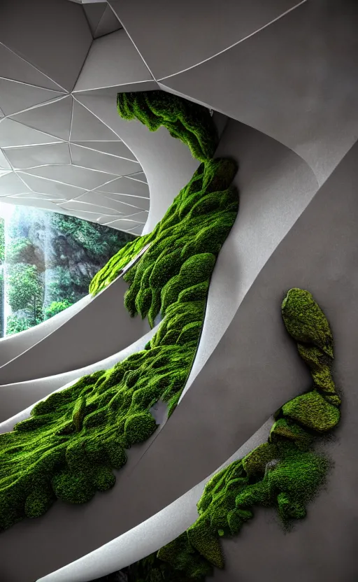 Image similar to highly detailed ultra sharp 3 d render villa interior cinematic composition of a smooth ceramic porcelain biomorphic magnolia stone nebula fluid fractal sci - fi surreal architecture landscape, granite, metallic, magnesium, marble, moss and lichen, vincent callebaut composition, mamou - mani, archviz, beautiful lighting, 8 k, unreal engine, hdr,