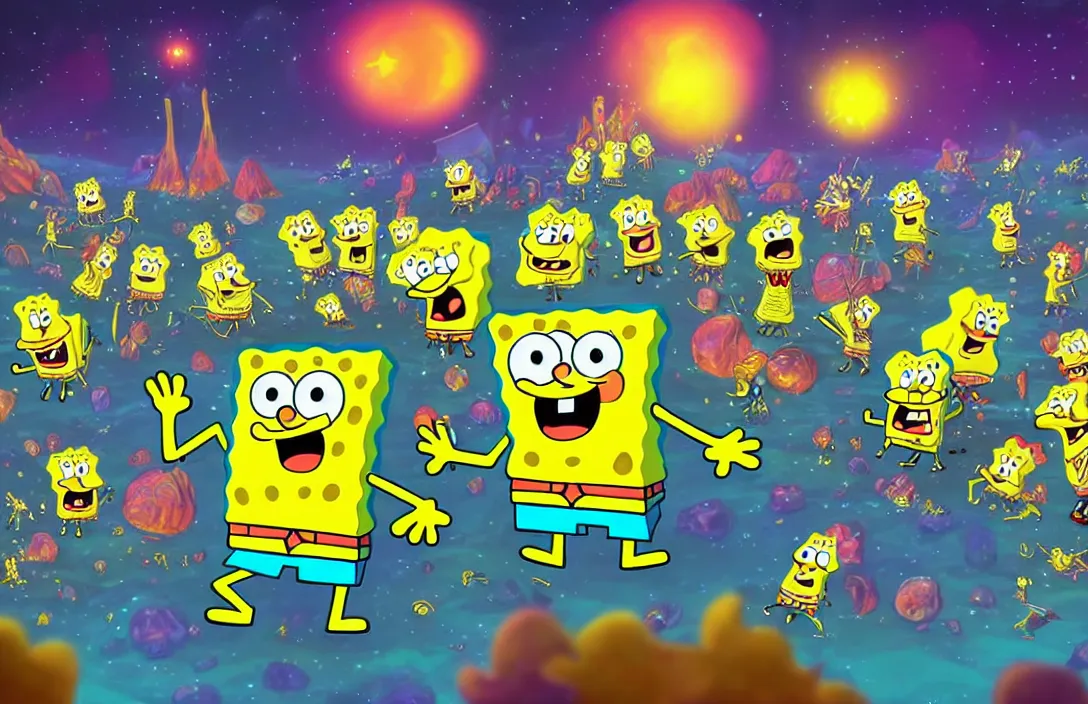 Image similar to spongebob rock concert on the moon, shot taken from behind spongebob on the stage looking the crowd, concert lighting, digital art, highly detailed, concept art, nickelodean style, party atmosphere, dark sky