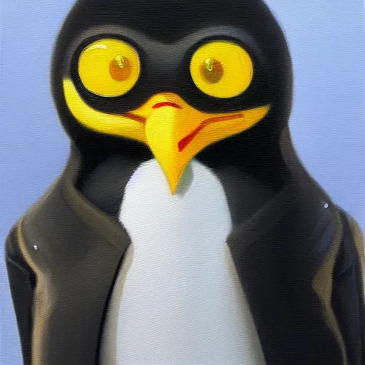 Image similar to oil painting, a developer penguin in a suit, intricate, masterpiece, artstation, stunning