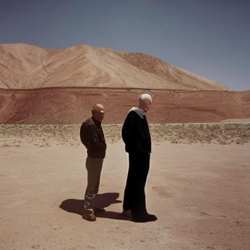 Prompt: matthew barney and richard serra in the desert, by gus van sant