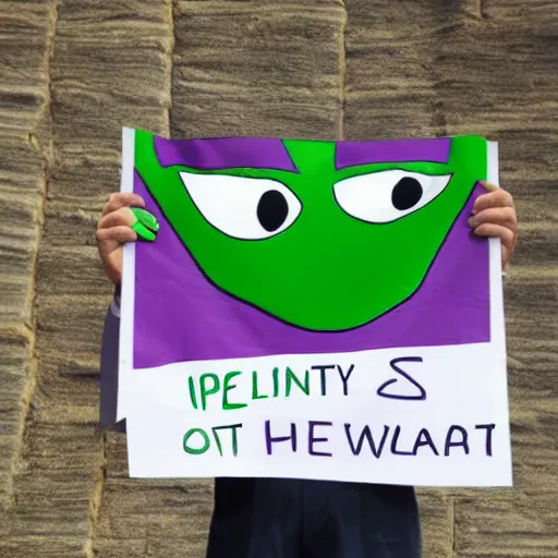 Image similar to a one eyed green and purple alien holding up a political poster about aliens in front of his body, its expression is indifferent, the edges have a stylistic blur, photorealistic, high - res, incredibly detail, vortex