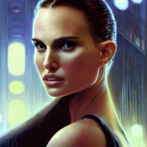 Prompt: a portrait of natalie portman as a replicant from blade runner, detailed, centered, digital painting, artstation, concept art, donato giancola, joseph christian leyendecker, wlop, boris vallejo, breathtaking, 8 k resolution, extremely detailed, beautiful, establishing shot, artistic, hyperrealistic, beautiful face, octane render