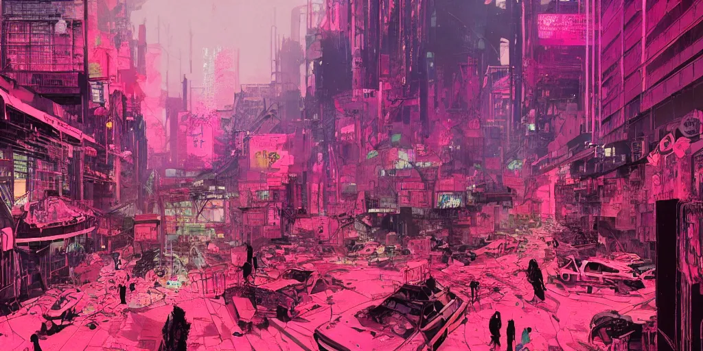 Image similar to punk neon crumbling futuristic city street crowd, with pink smog, late afternoon, high resolution detailed illustration by liam wong, victo ngai, robert rauschenberg, Warwick Goble