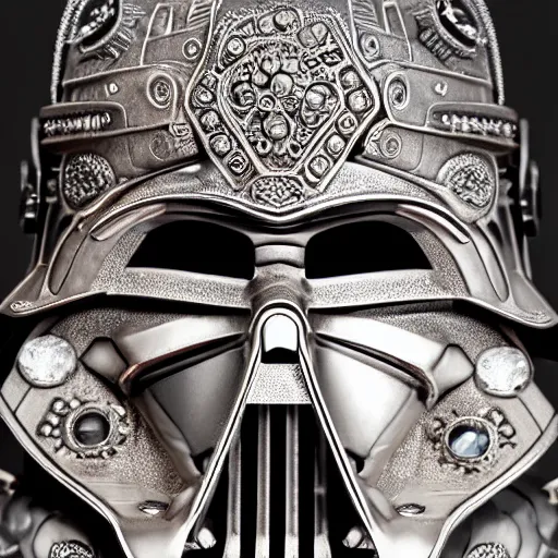 Prompt: A close up symmetric steampunk darth vader mask with sparkling eyes made from ornate engraved full plate armor and Rolex gears and jewels and gems, macro shot by Justin Gerard, unreal engine, detailed, intricate, physically based rendering