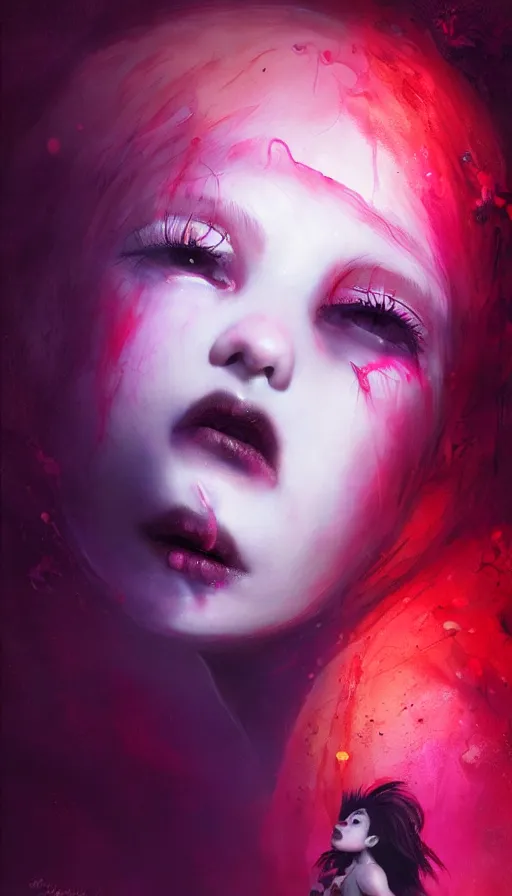 Image similar to shot of sinister girl with pouty aerochrome ( ( ( lips ) ) ), fungal, adorable, expressive eyes, kawaii playful pose of a dancer, greg rutkowski, charlie bowater, yuumei, stephen gammell, unreal 5, daz, hyperrealistic, dark, dynamic lighting, fantasy art, beautiful face